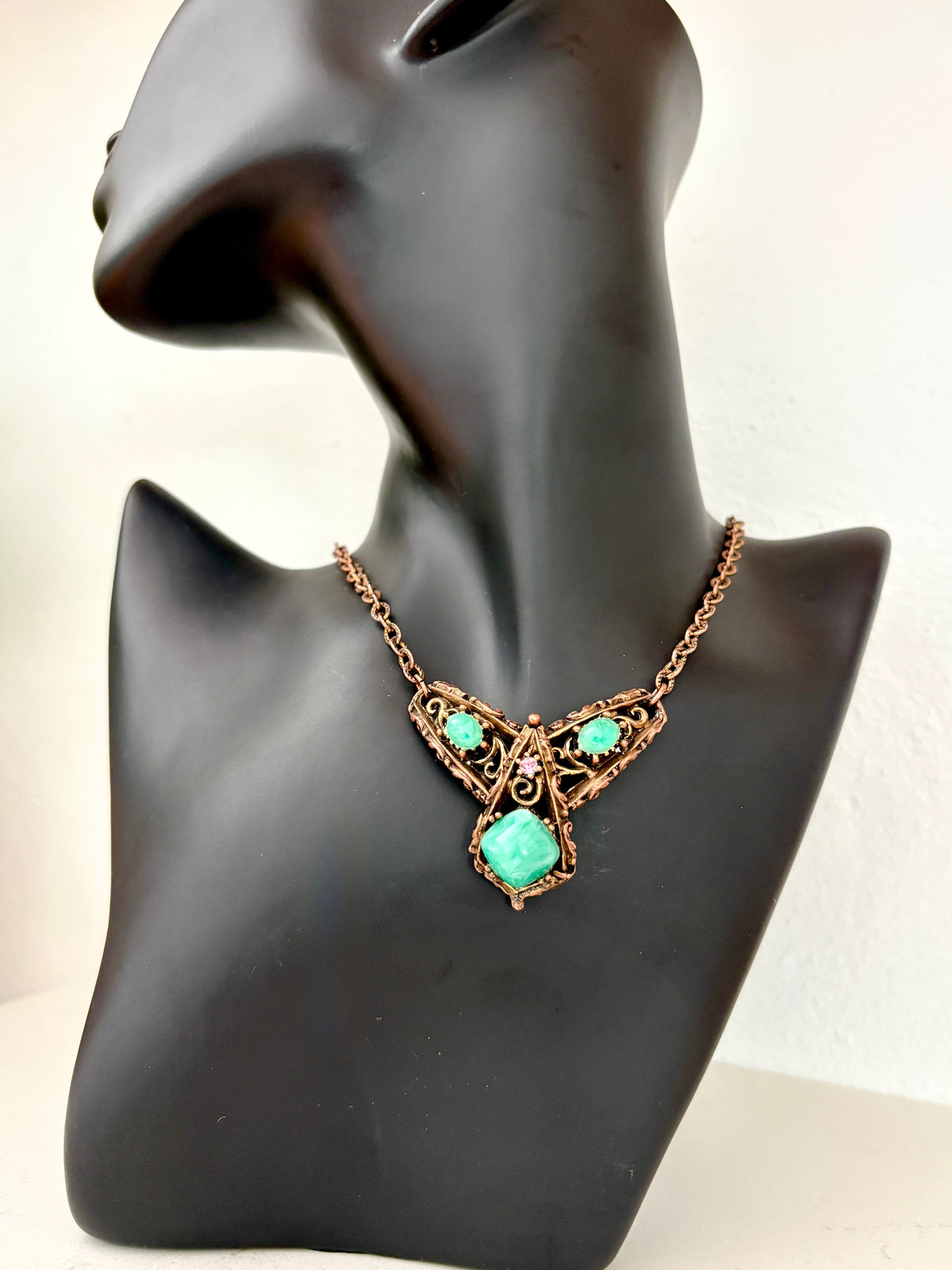 Vintage Art Nouveau Copper Pecking Glass with Pink Gem Stone
