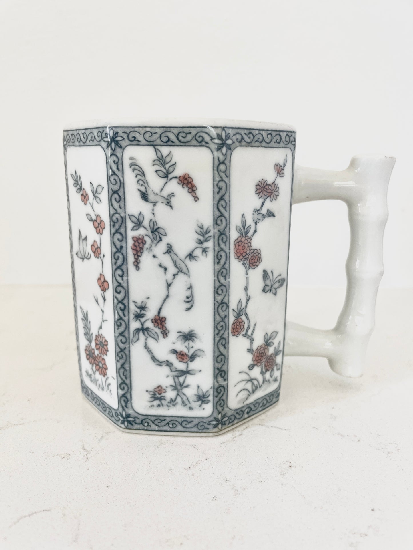 Sold - Blue and White Floral with Birds - Vintage Mug