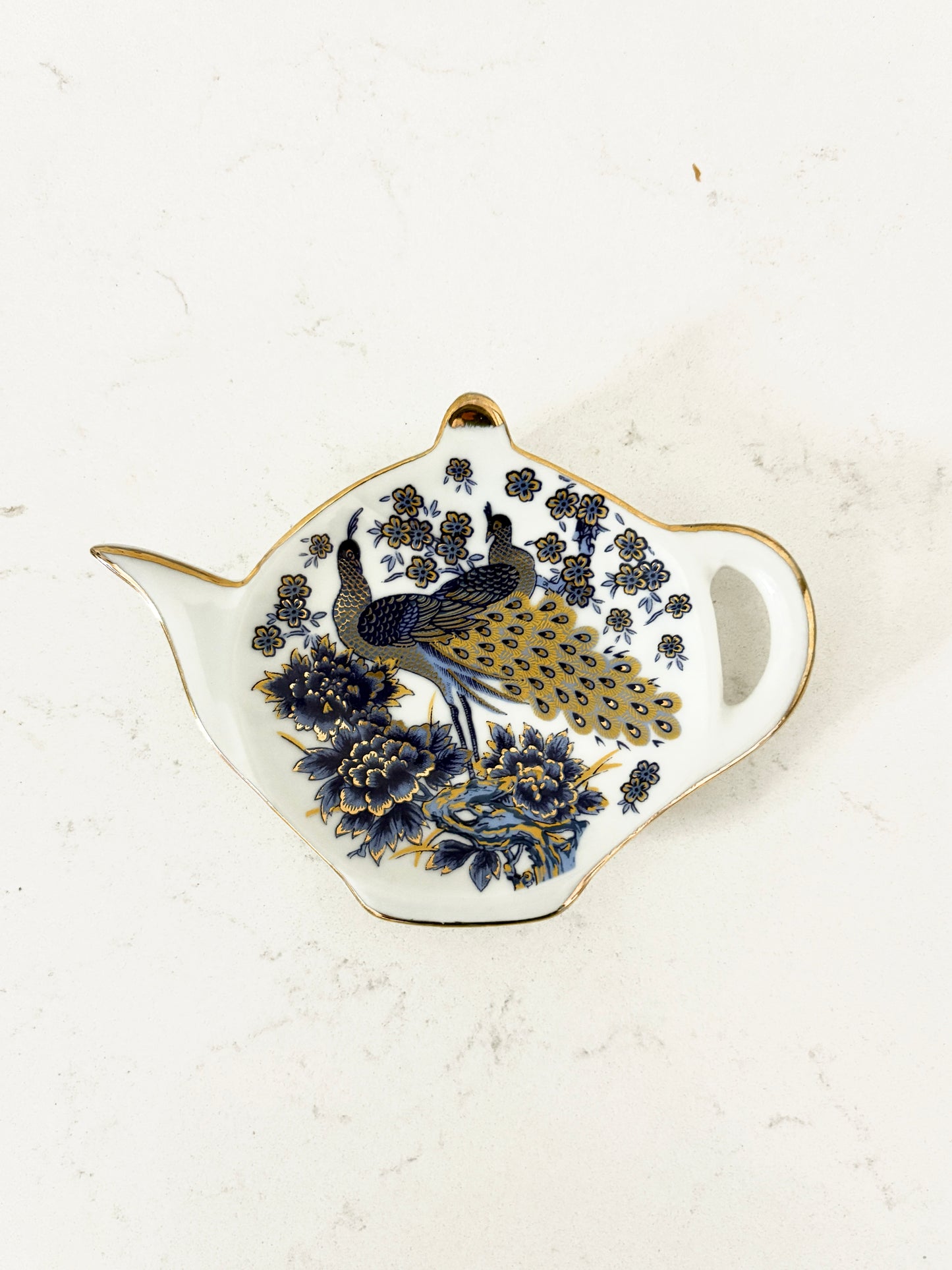 Sold - Grace’s Teaware Teabag Holders Teapot Shape Porcelain Tea Tidy Peacock Floral 2