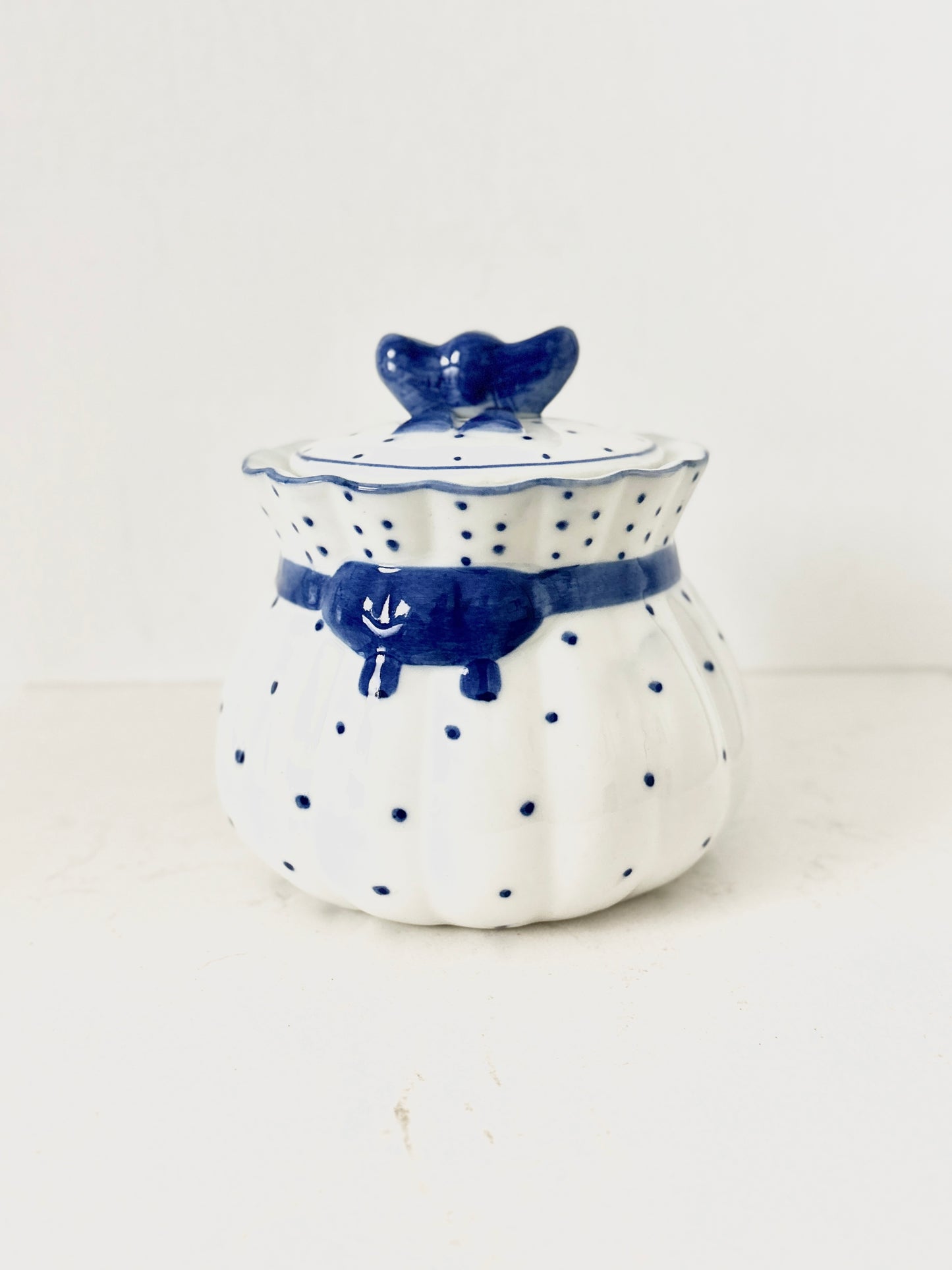 Vintage Blue and White Polka Dot Sugar Bowl with Lid | Ceramic Sugar Dish with Bow | Cottagecore Kitchen Decor