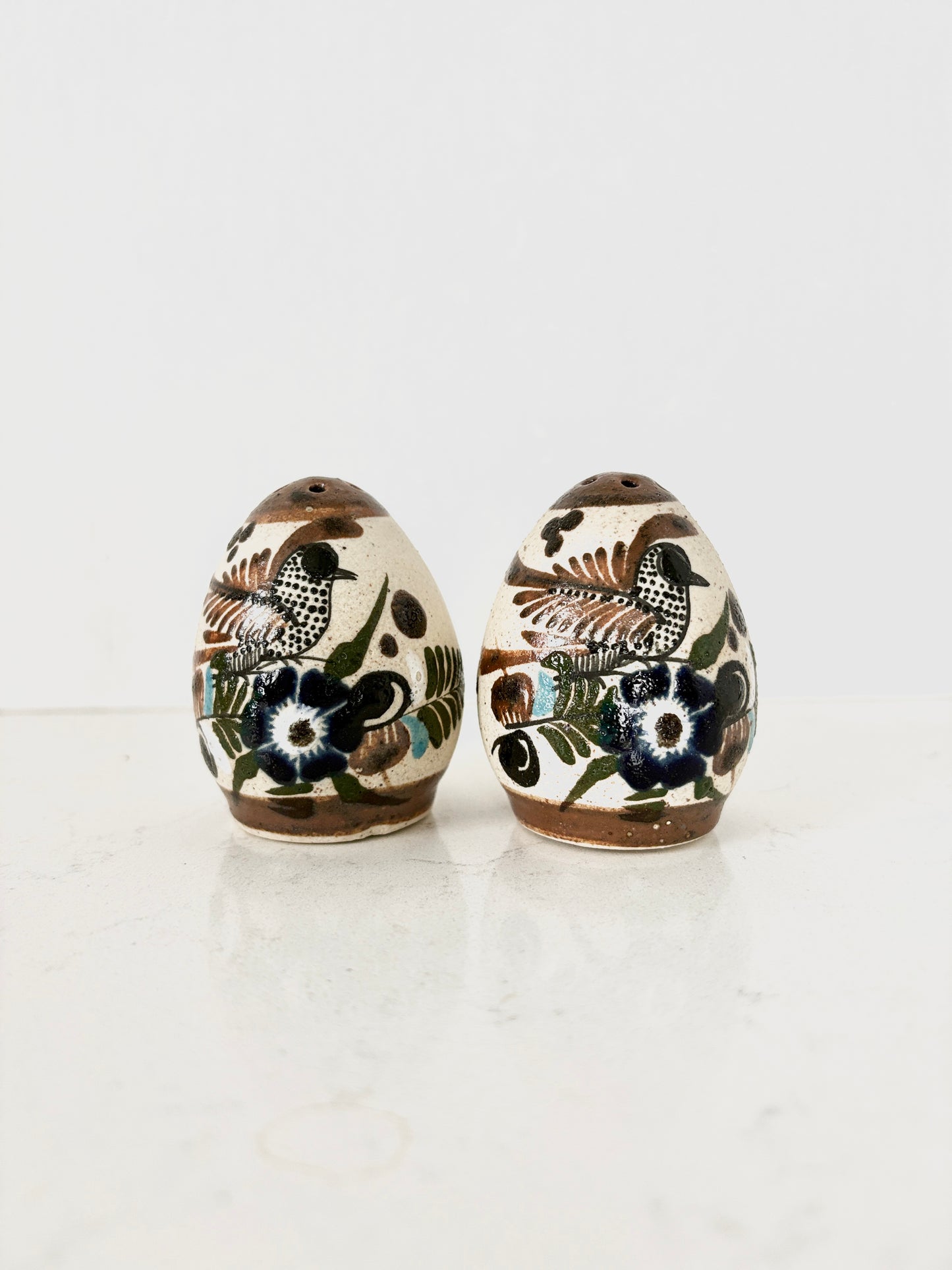 Mexican Tonala Salt and Pepper Shakers Floral Birds Quail Hand Painted Vintage
