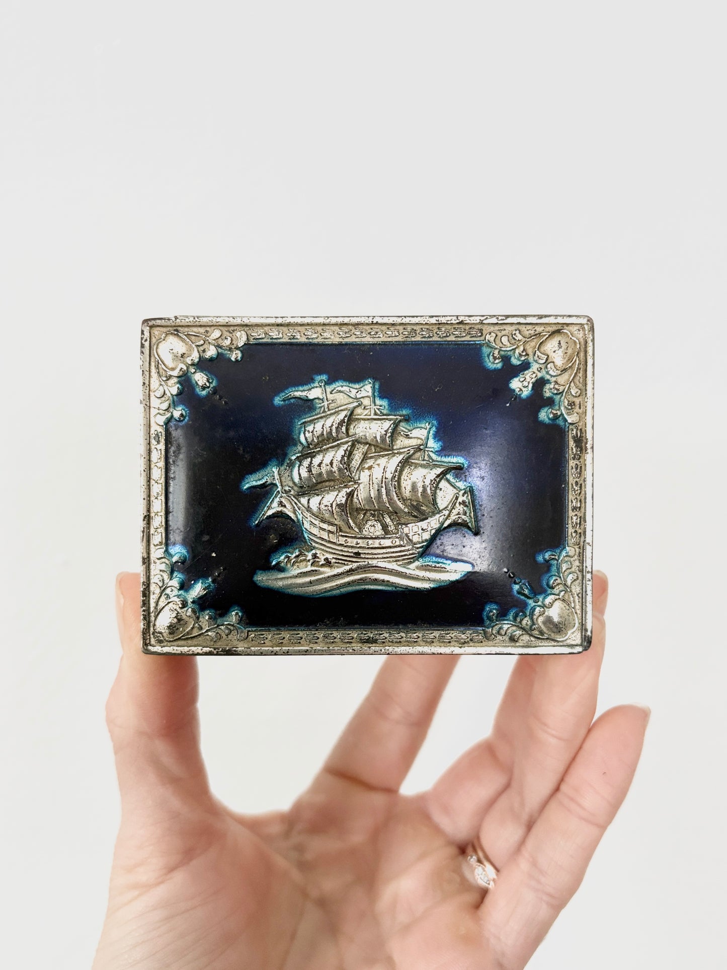 Vintage Enamel Galleon Ship Jewelry Box – Silver-Toned Repoussé on Dark Blue