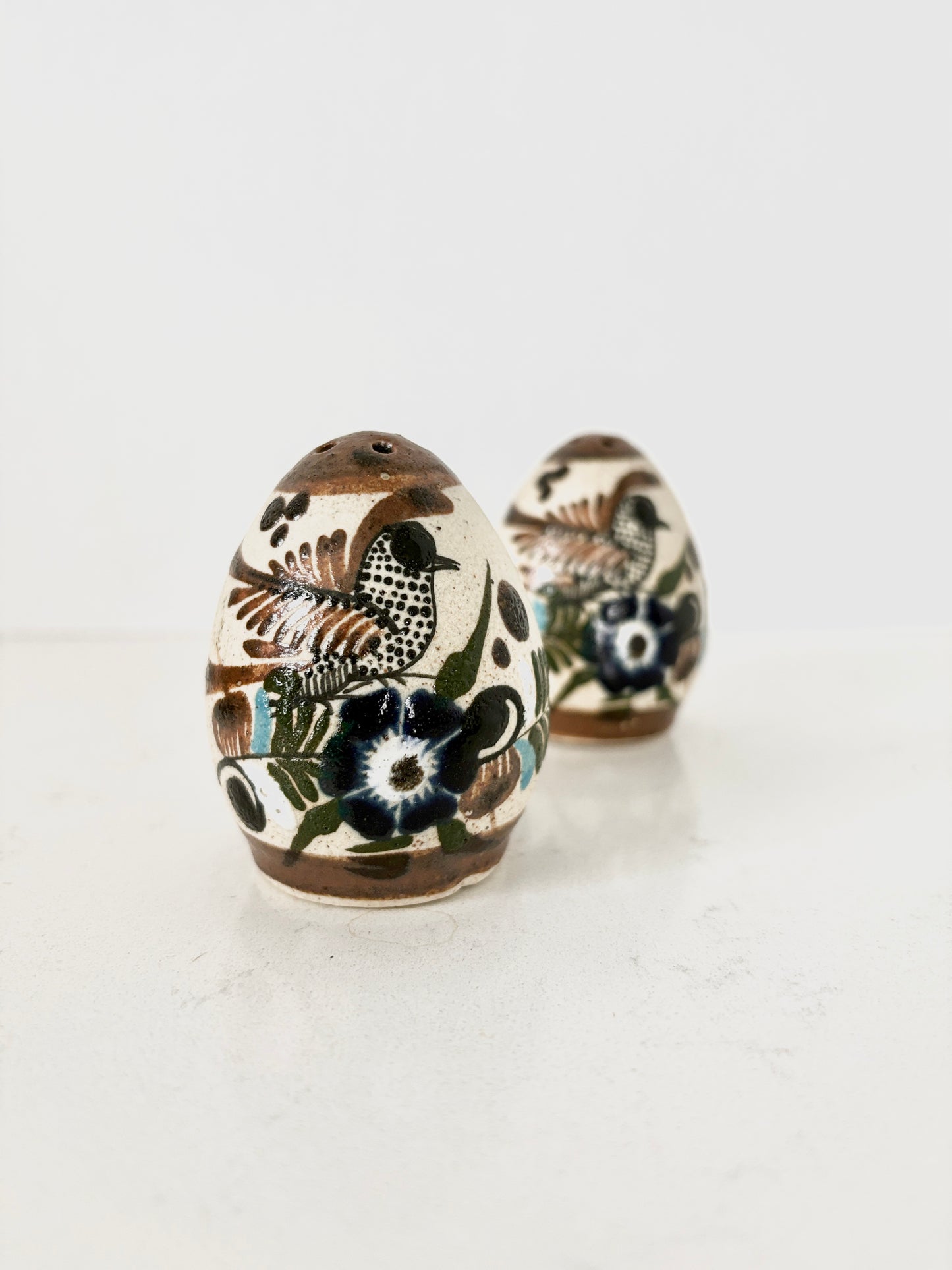 Mexican Tonala Salt and Pepper Shakers Floral Birds Quail Hand Painted Vintage