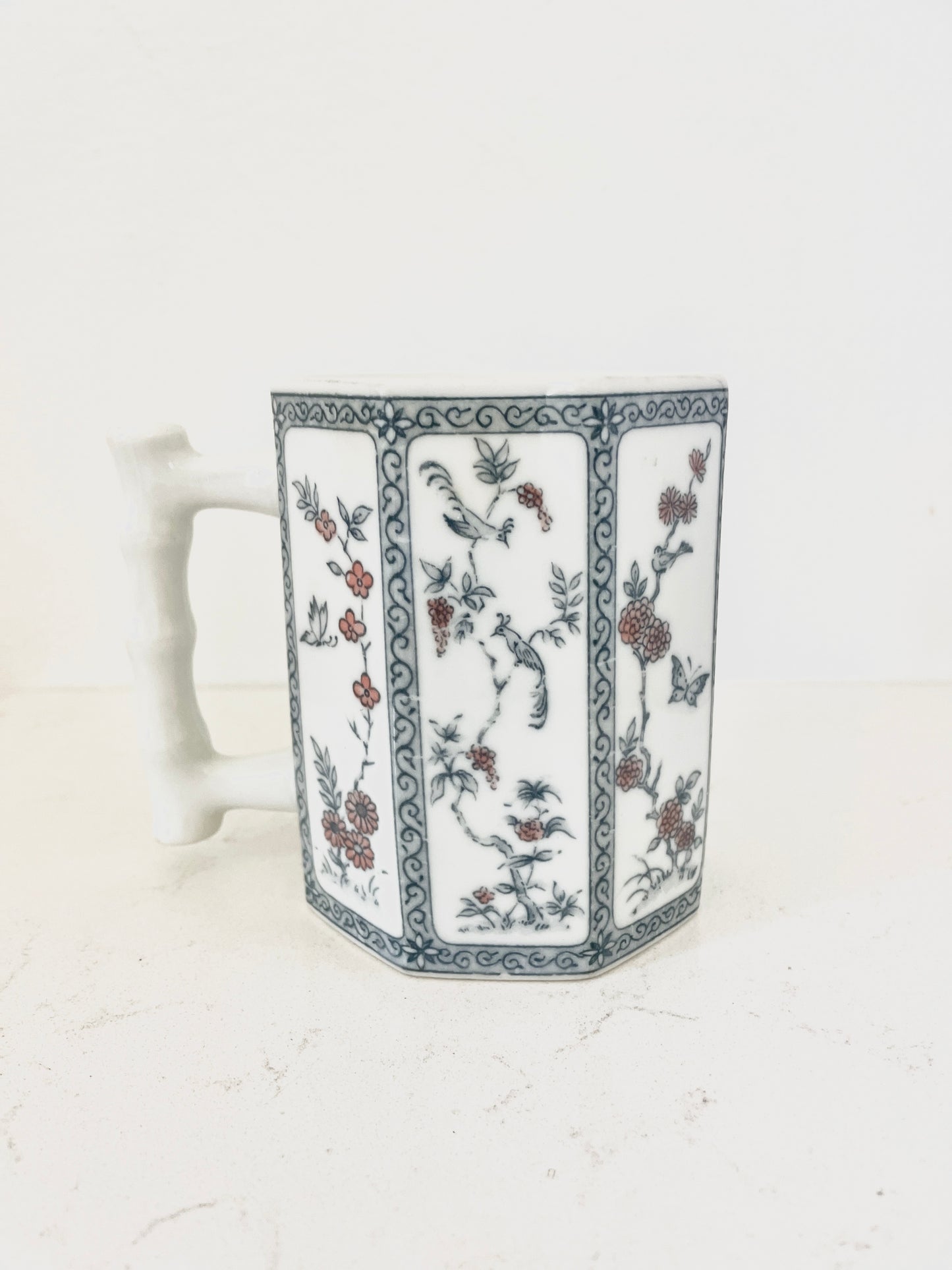Sold - Blue and White Floral with Birds - Vintage Mug