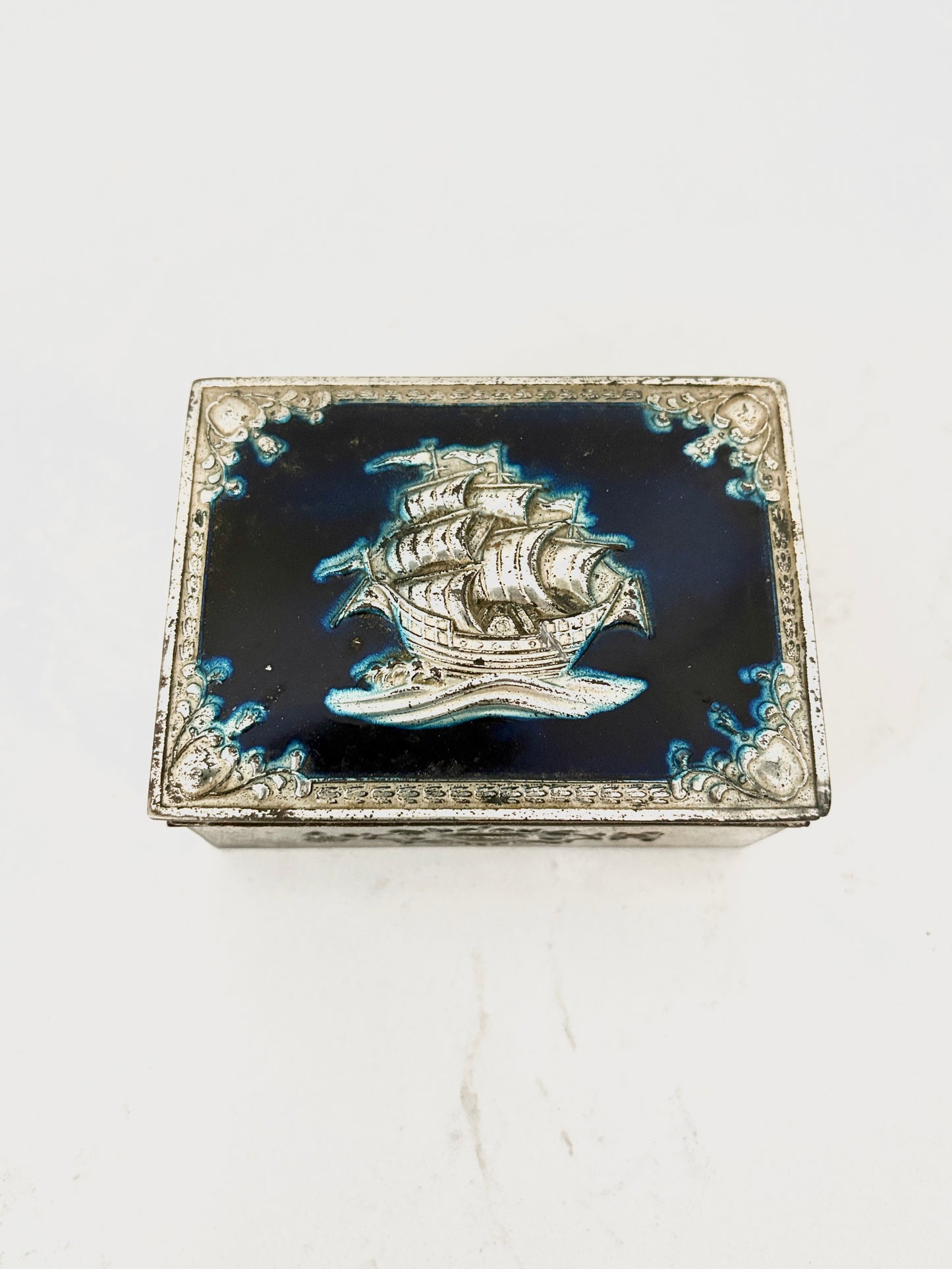 Vintage Enamel Galleon Ship Jewelry Box – Silver-Toned Repoussé on Dark Blue