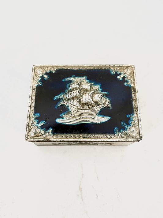 Vintage Enamel Galleon Ship Jewelry Box – Silver-Toned Repoussé on Dark Blue