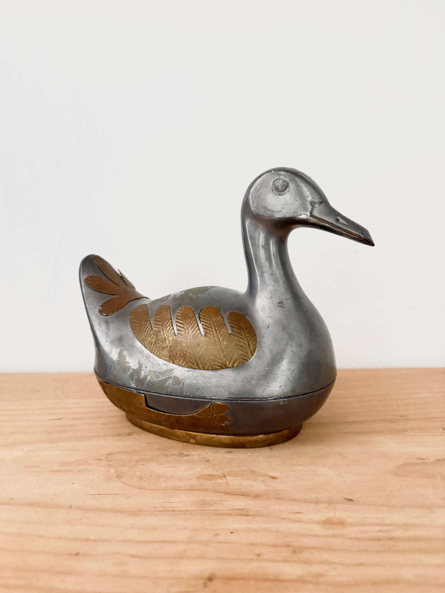 Vintage Pewter Duck Trinket Box with Brass Inlay