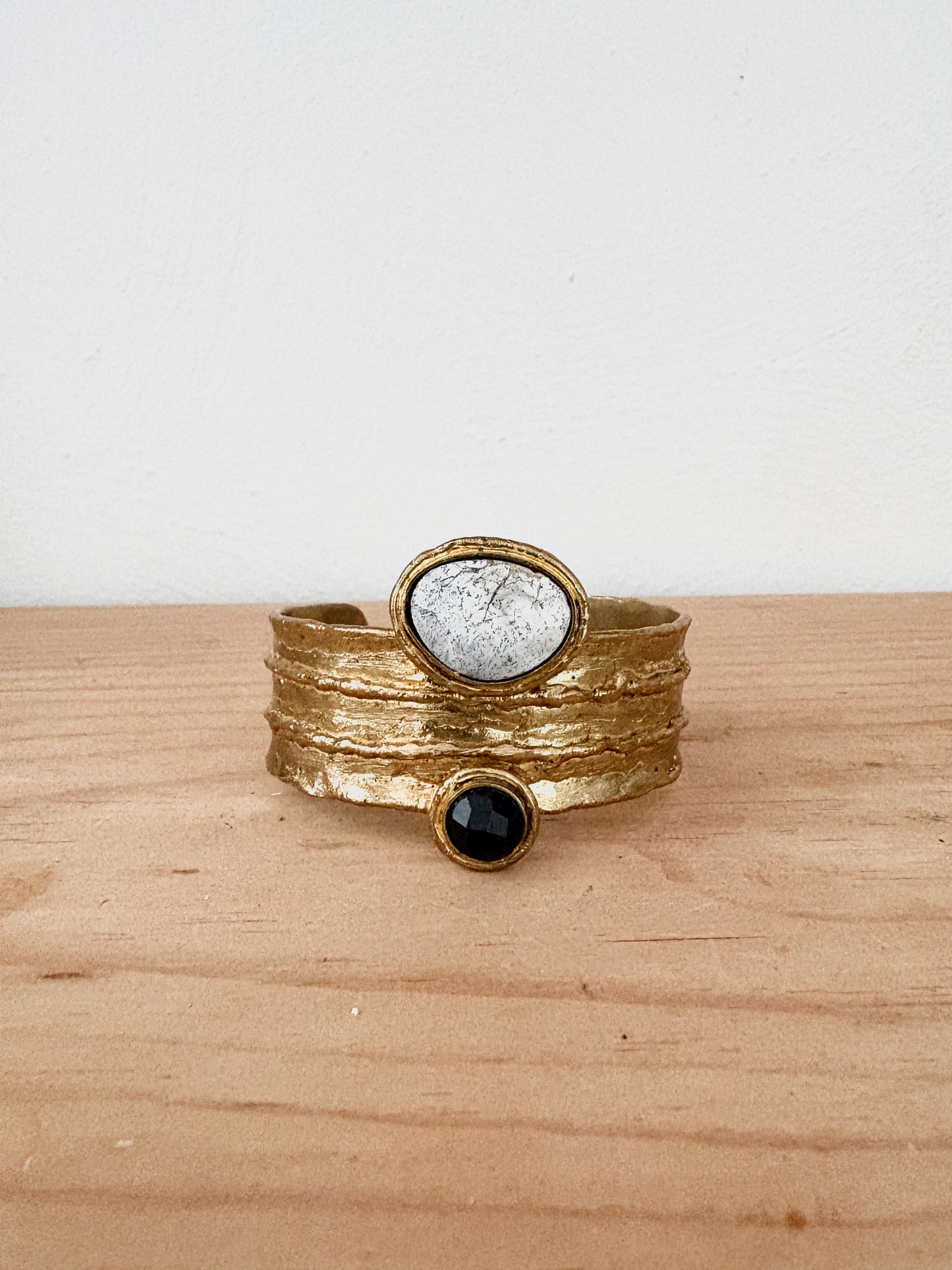 Multi-Stone Sara Cuff Bracelet – Brass with Dendritic Agate & Natural Gemstones