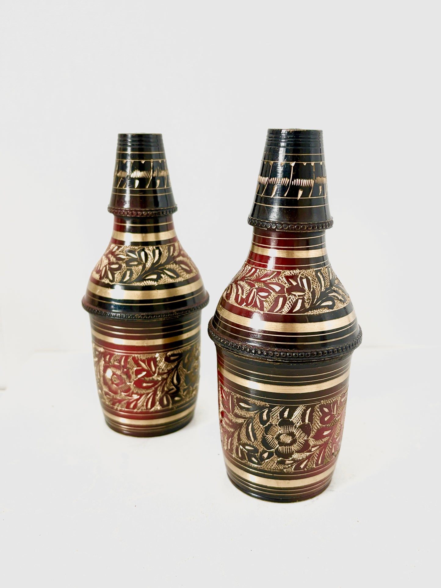 Handcrafted Brass Wine Bottle Cover (Pair) – Black Enamel with Gold Floral Engraving – Vintage Indian Decorative Bottle Sleeve