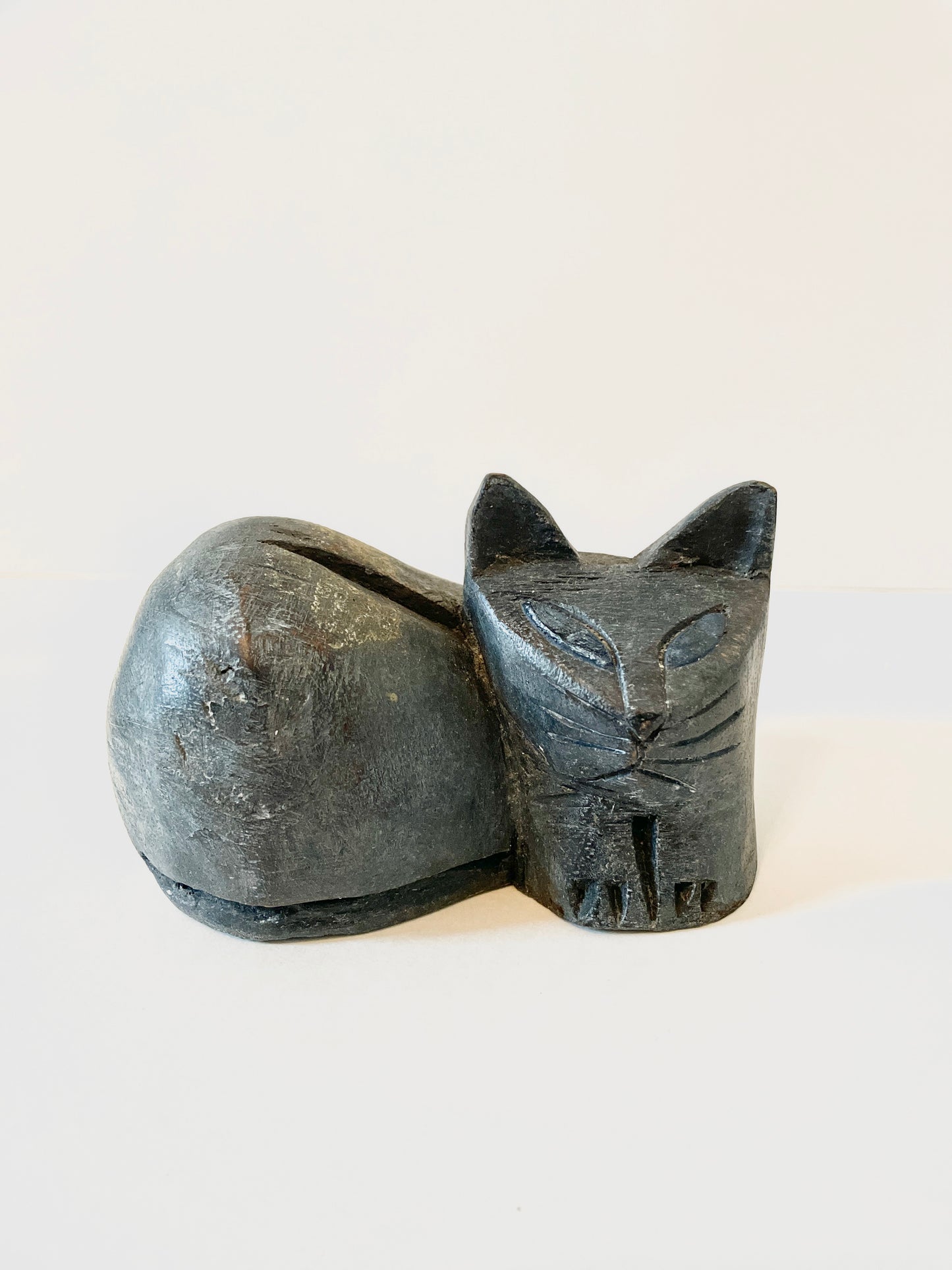 Sold - Folk Art Hand Carved Kittens Blue Eyes Made in Thailand