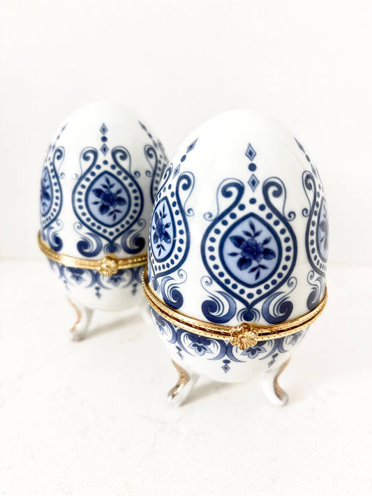 Vintage Blue & White Porcelain Egg Trinket Boxes Set of 2 | Gold Trim Hinged Jewelry Boxes | Delftware Style Decor