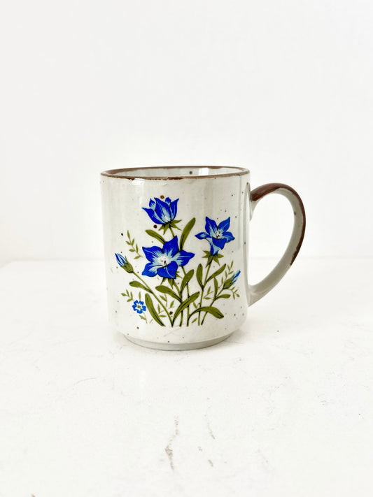 Vintage Brown Speckled Stoneware Mug with Blue Bellflower | Rustic Floral Coffee Cup
