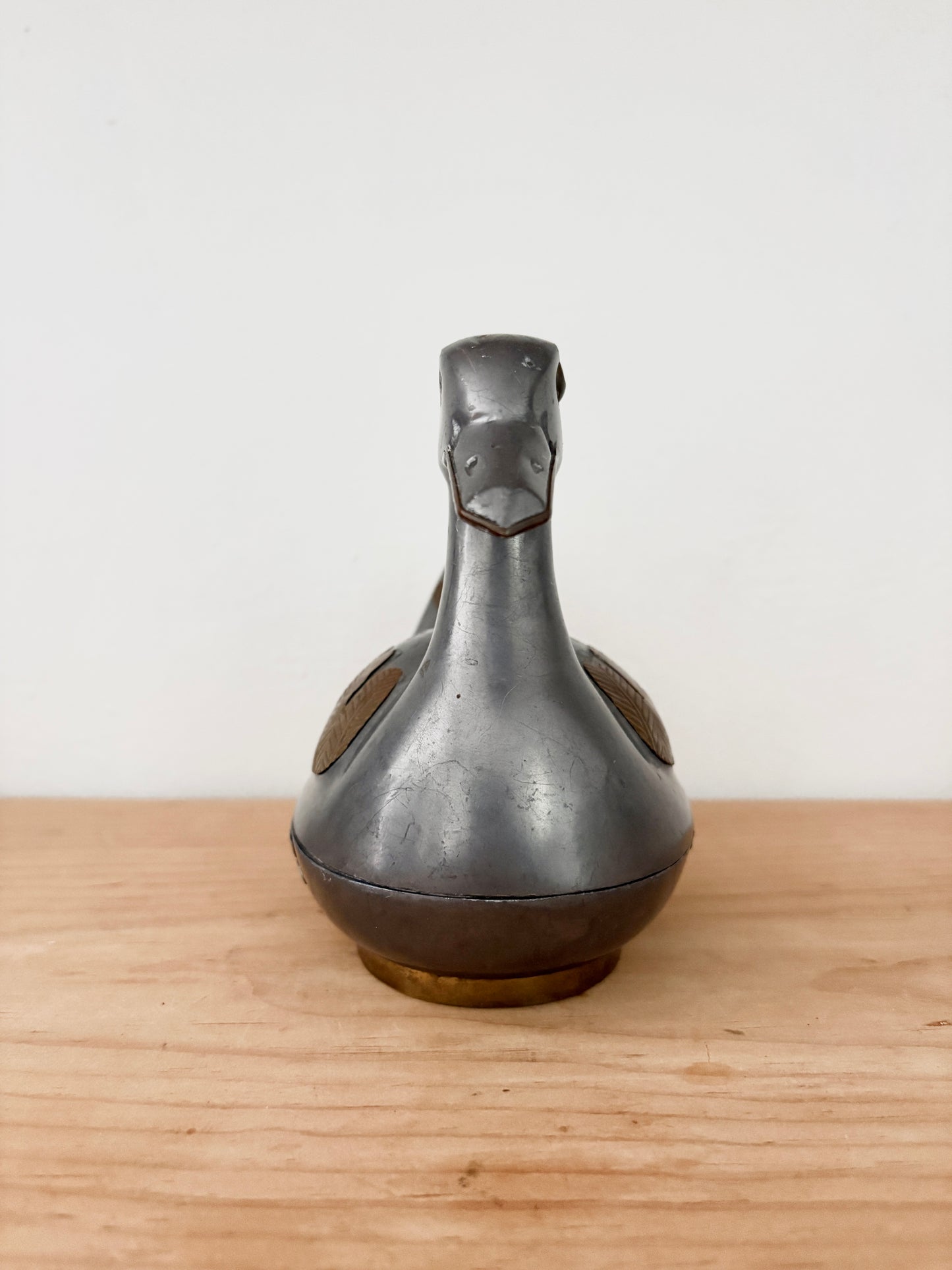 Vintage Pewter Duck Trinket Box with Brass Inlay