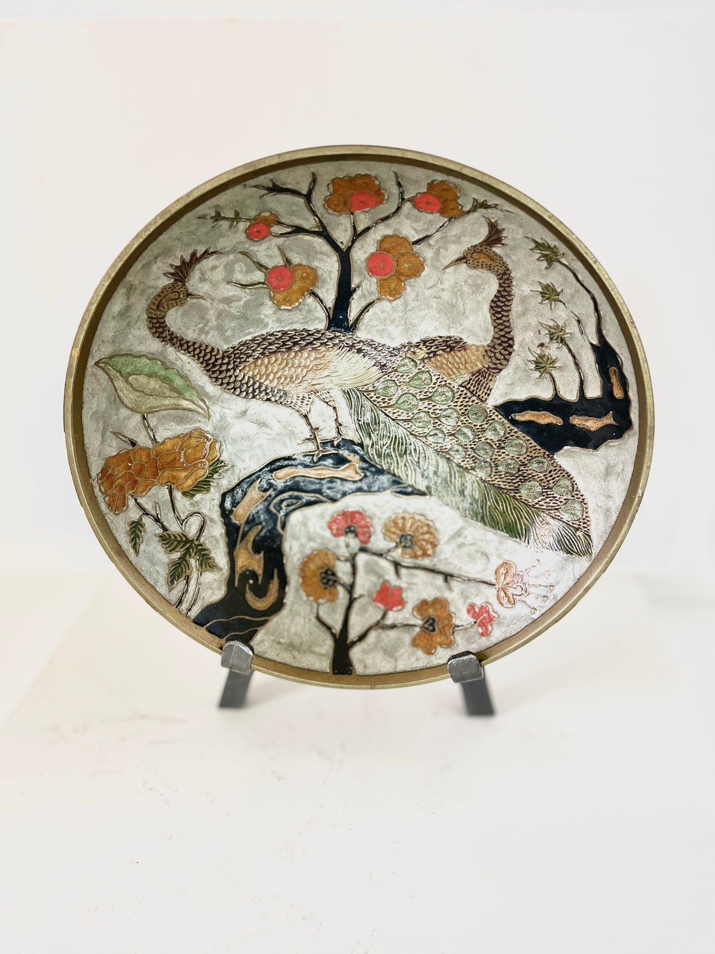 Sold - Brass and Enamel Pedestal Bowl with Peacock Designs Vintage