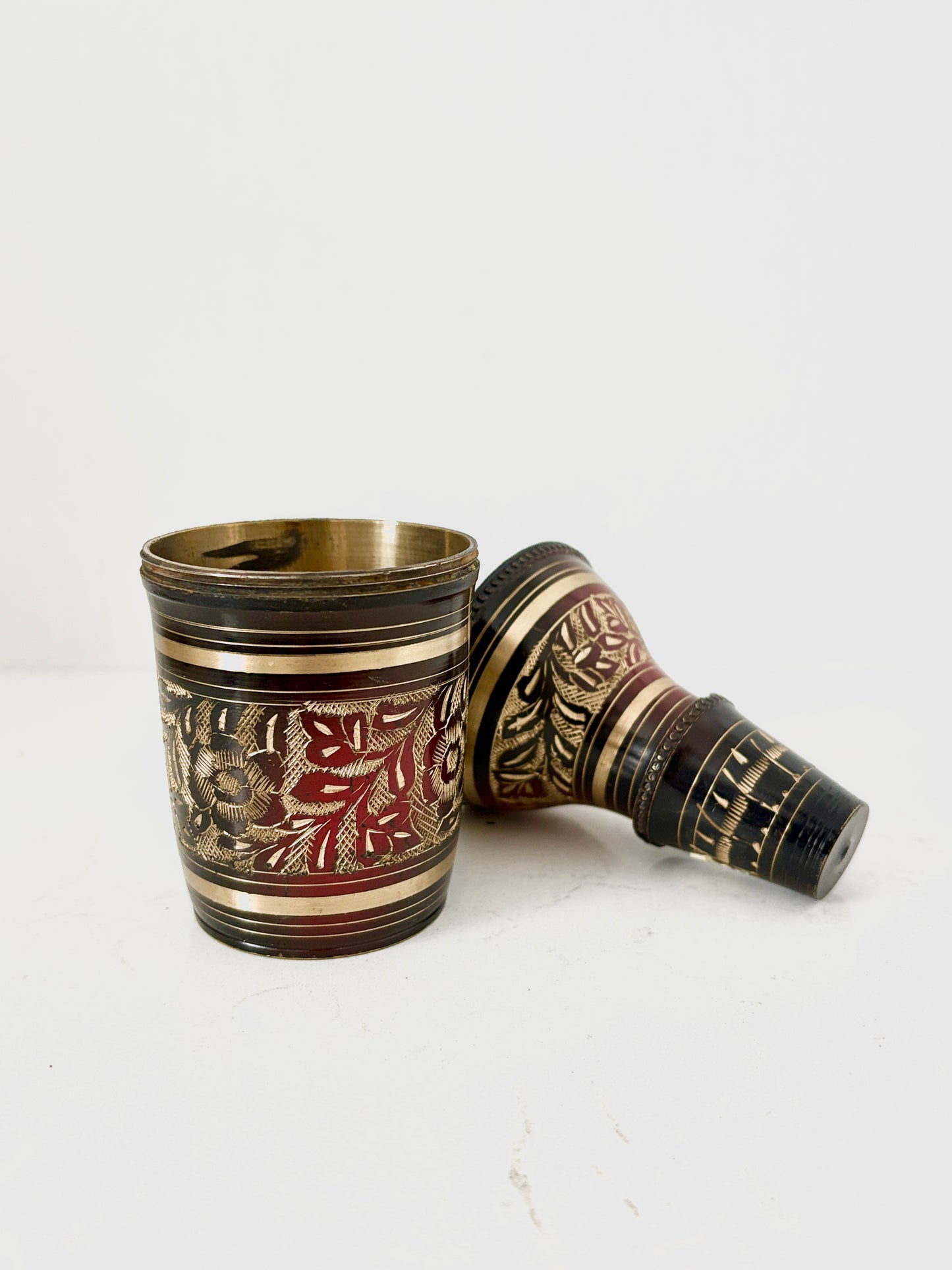 Handcrafted Brass Wine Bottle Cover (Pair) – Black Enamel with Gold Floral Engraving – Vintage Indian Decorative Bottle Sleeve