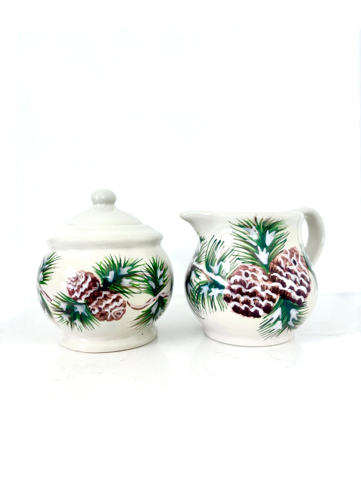 Vintage Misty Pine Creamer and Sugar Bowl Set – Pine Cone Pattern, Mid-Century Rustic Charm