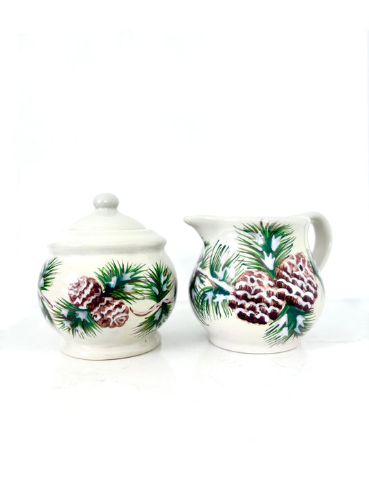 Vintage Misty Pine Creamer and Sugar Bowl Set – Pine Cone Pattern, Mid-Century Rustic Charm