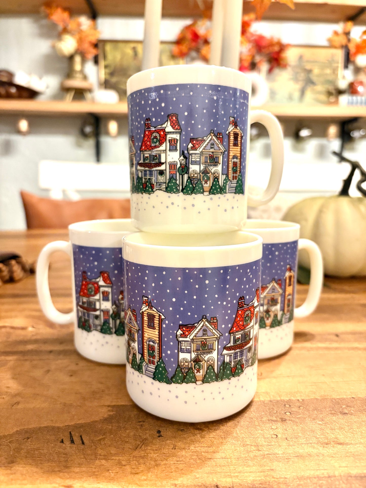 Arcopal “Holiday Village” Mug Set – Vintage French Milk Glass
