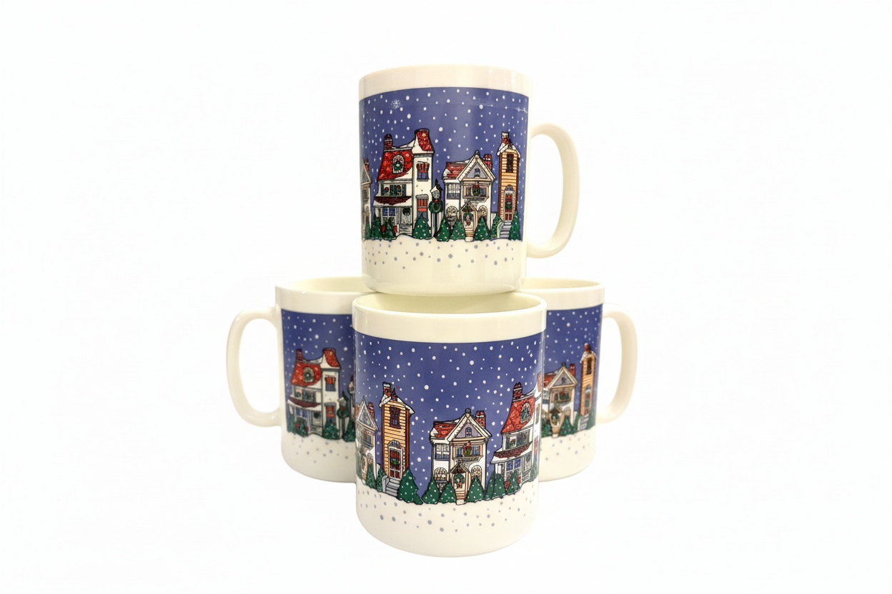 Arcopal “Holiday Village” Mug Set – Vintage French Milk Glass