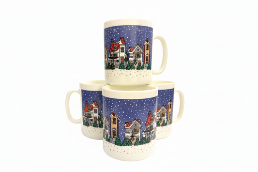 Arcopal “Holiday Village” Mug Set – Vintage French Milk Glass