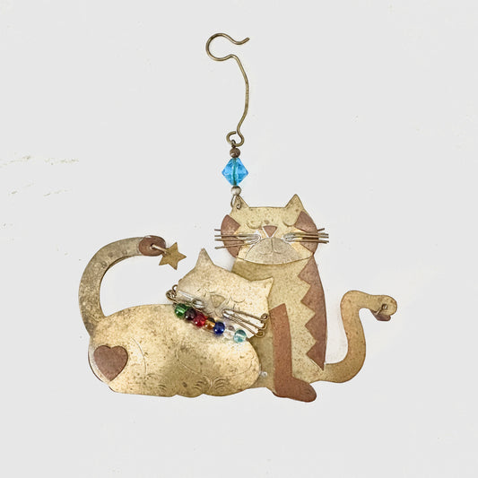 Brass Cat Snuggle Ornament - Handmade
