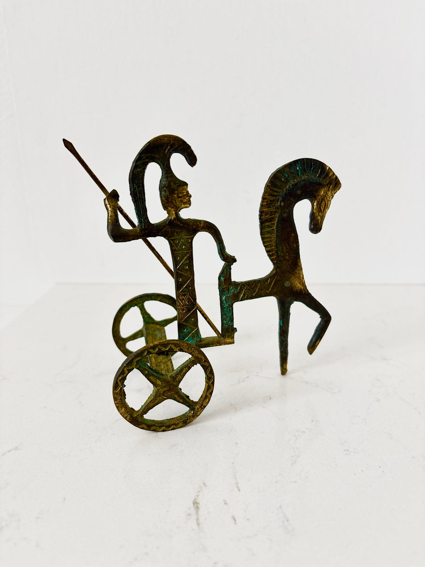 Vintage Brass Chariot Sculpture – Greek Athena Rider – Handmade Art from Greece – Frederick Weinberg Style – Mid Century Modern Decor