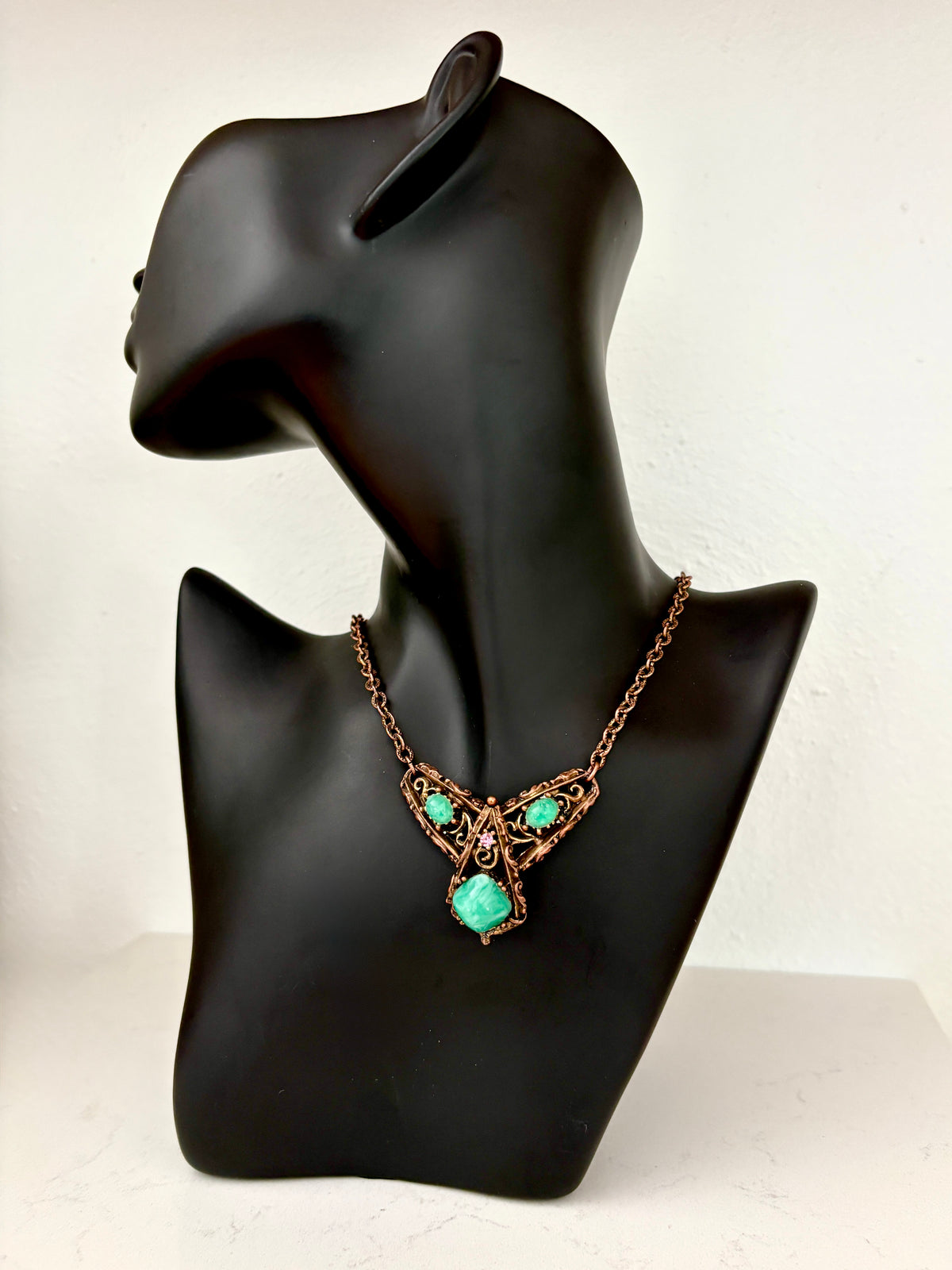 Vintage Art Nouveau Copper Pecking Glass with Pink Gem Stone