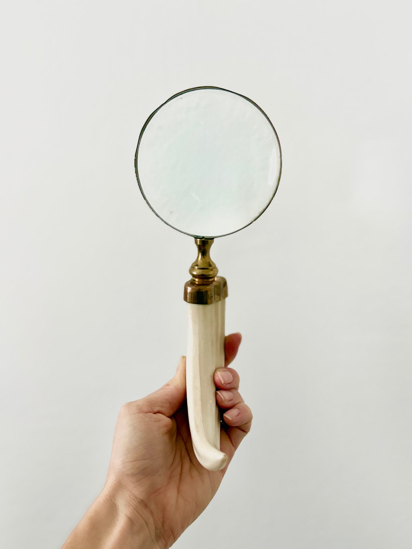 Vintage Brass Magnifying Glass with Boar’s Tusk Handle – Antique Style Handheld Loupe – Collectible Desk & Library Decor
