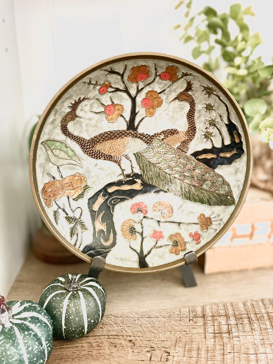 Sold - Brass and Enamel Pedestal Bowl with Peacock Designs Vintage