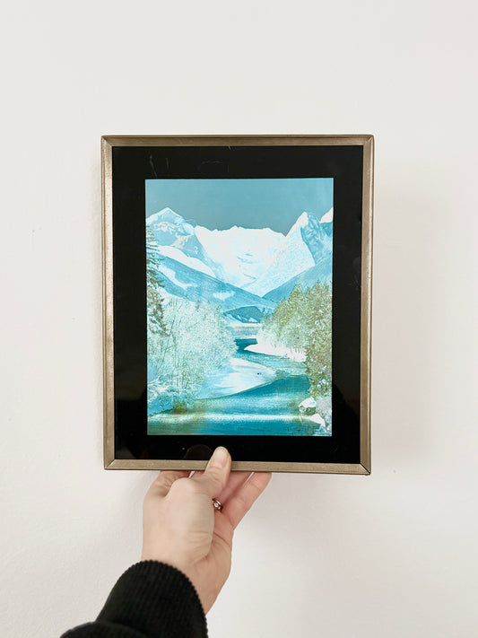 Framed Snowy Mountain Landscape Foil Artwork – Blue & White Winter River Scene, Small Wall Art, Rustic Cabin Décor