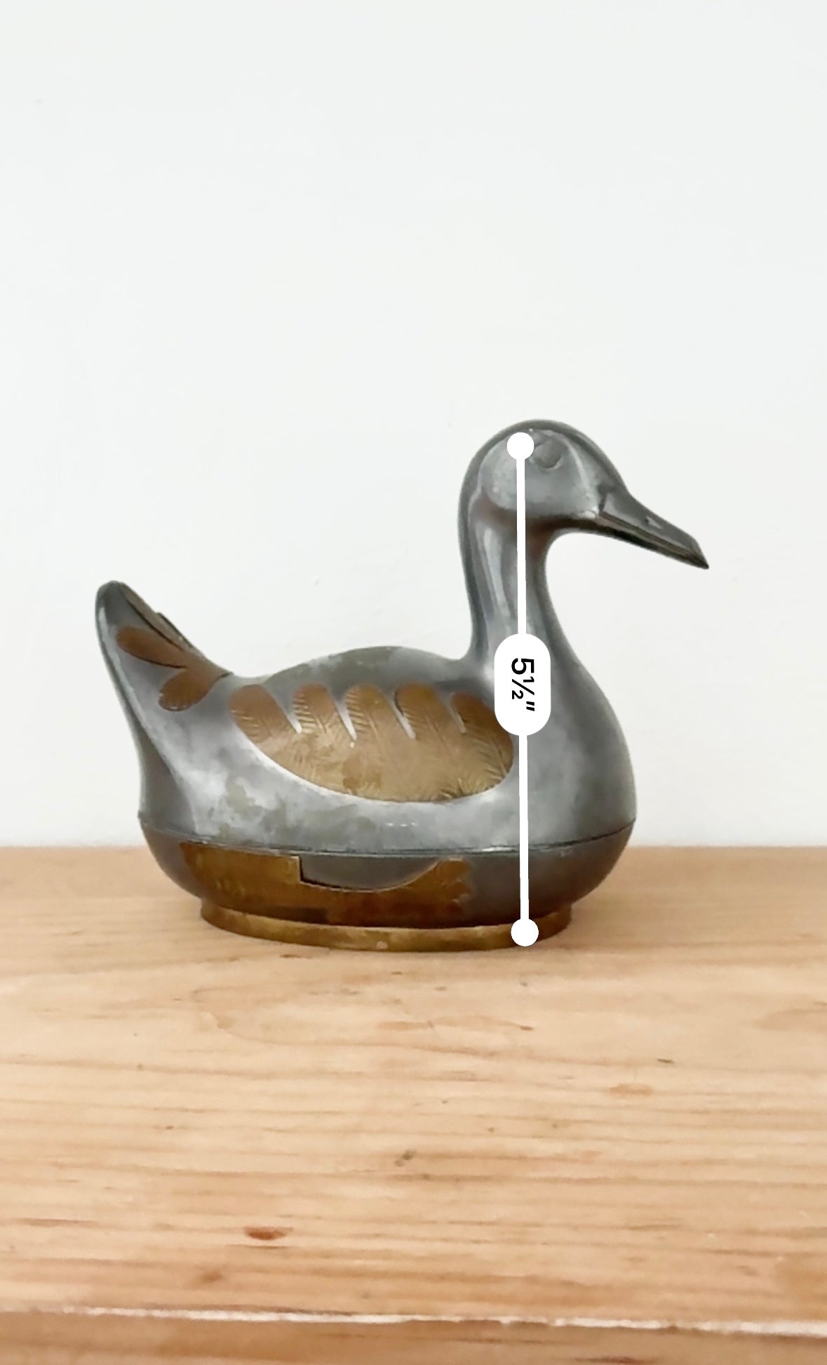 Vintage Pewter Duck Trinket Box with Brass Inlay