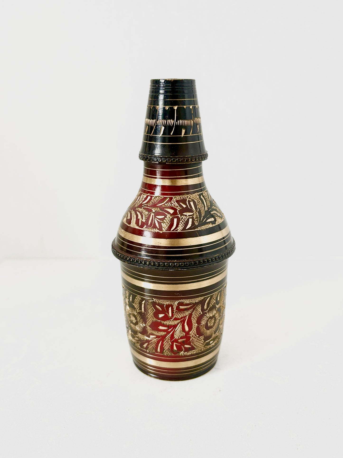 Handcrafted Brass Wine Bottle Cover (Pair) – Black Enamel with Gold Floral Engraving – Vintage Indian Decorative Bottle Sleeve
