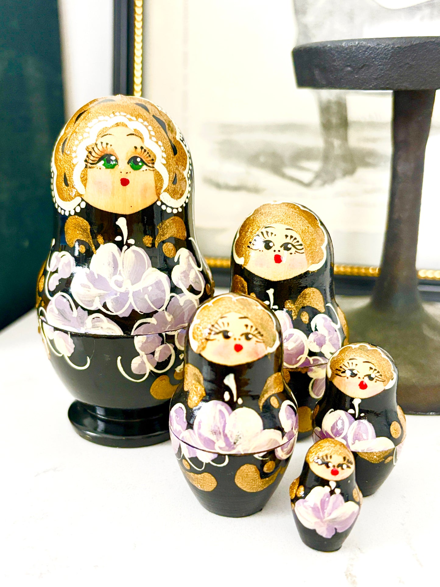 Hand-Painted Black & Gold Russian Matryoshka Nesting Dolls with Purple Floral Design – Traditional Folk Art Decor