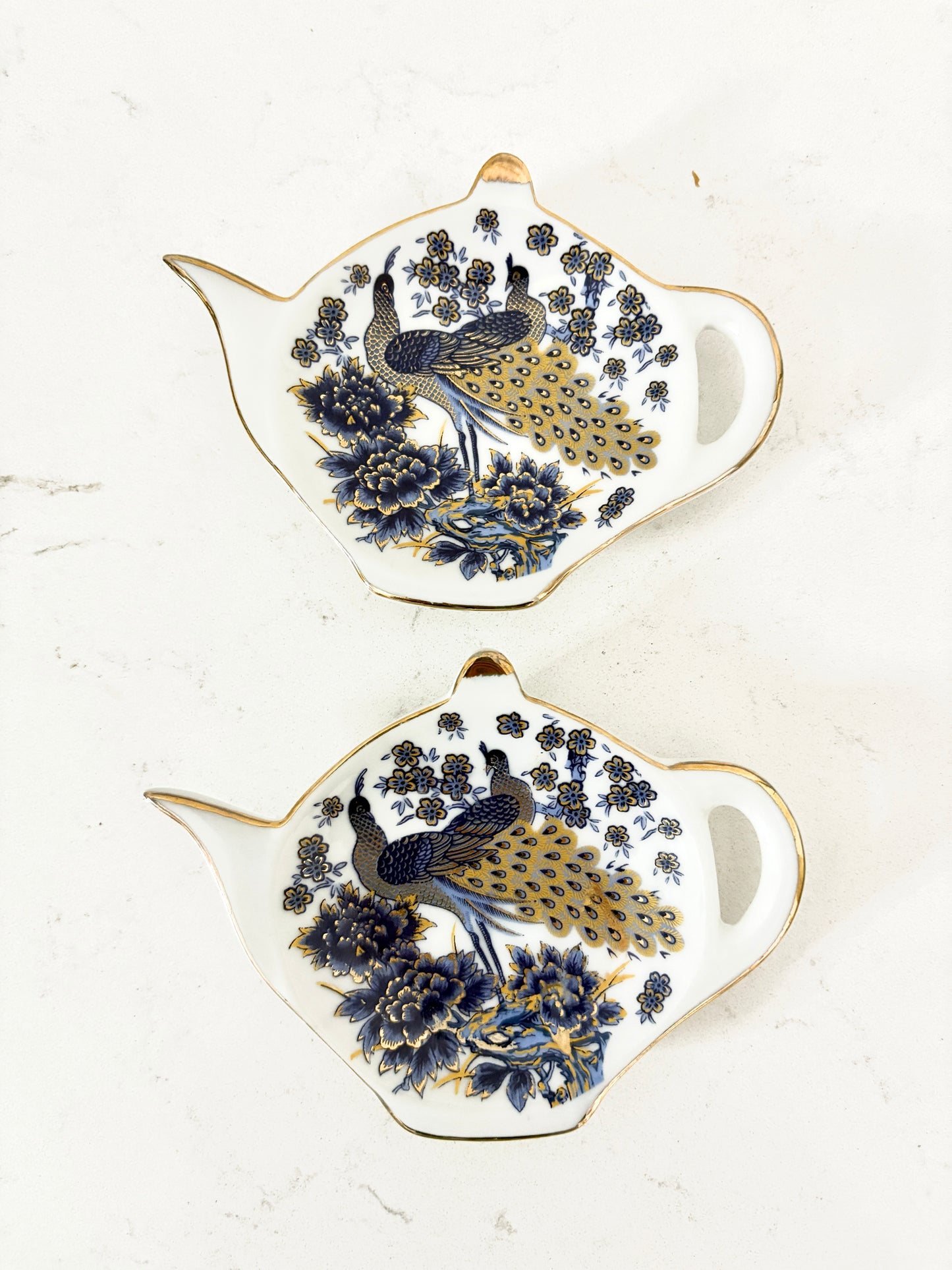 Sold - Grace’s Teaware Teabag Holders Teapot Shape Porcelain Tea Tidy Peacock Floral 2