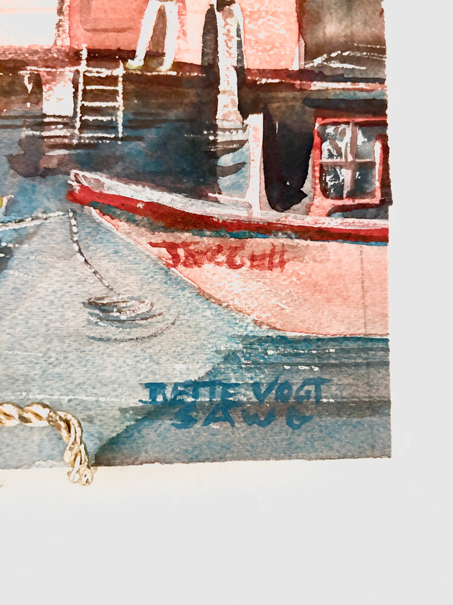 Vintage Coastal Harbor Watercolor Painting – Signed Nautical Boats Seascape Art, Soft Blue & Peach Tones, Original Artwork