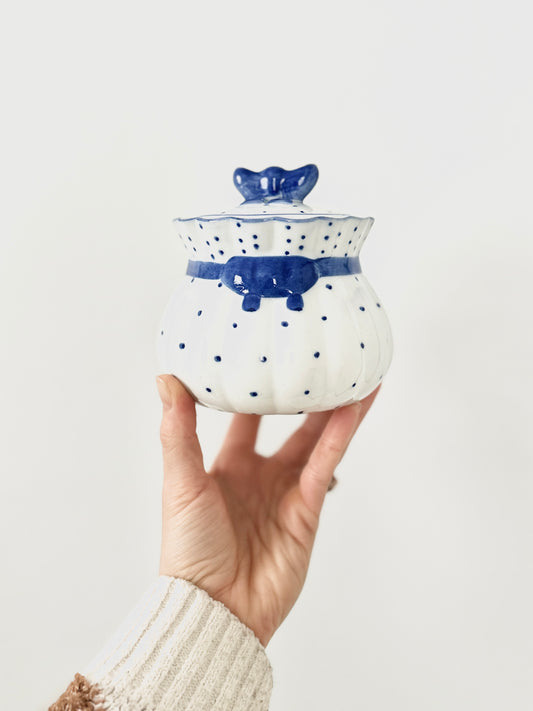 Vintage Blue and White Polka Dot Sugar Bowl with Lid | Ceramic Sugar Dish with Bow | Cottagecore Kitchen Decor