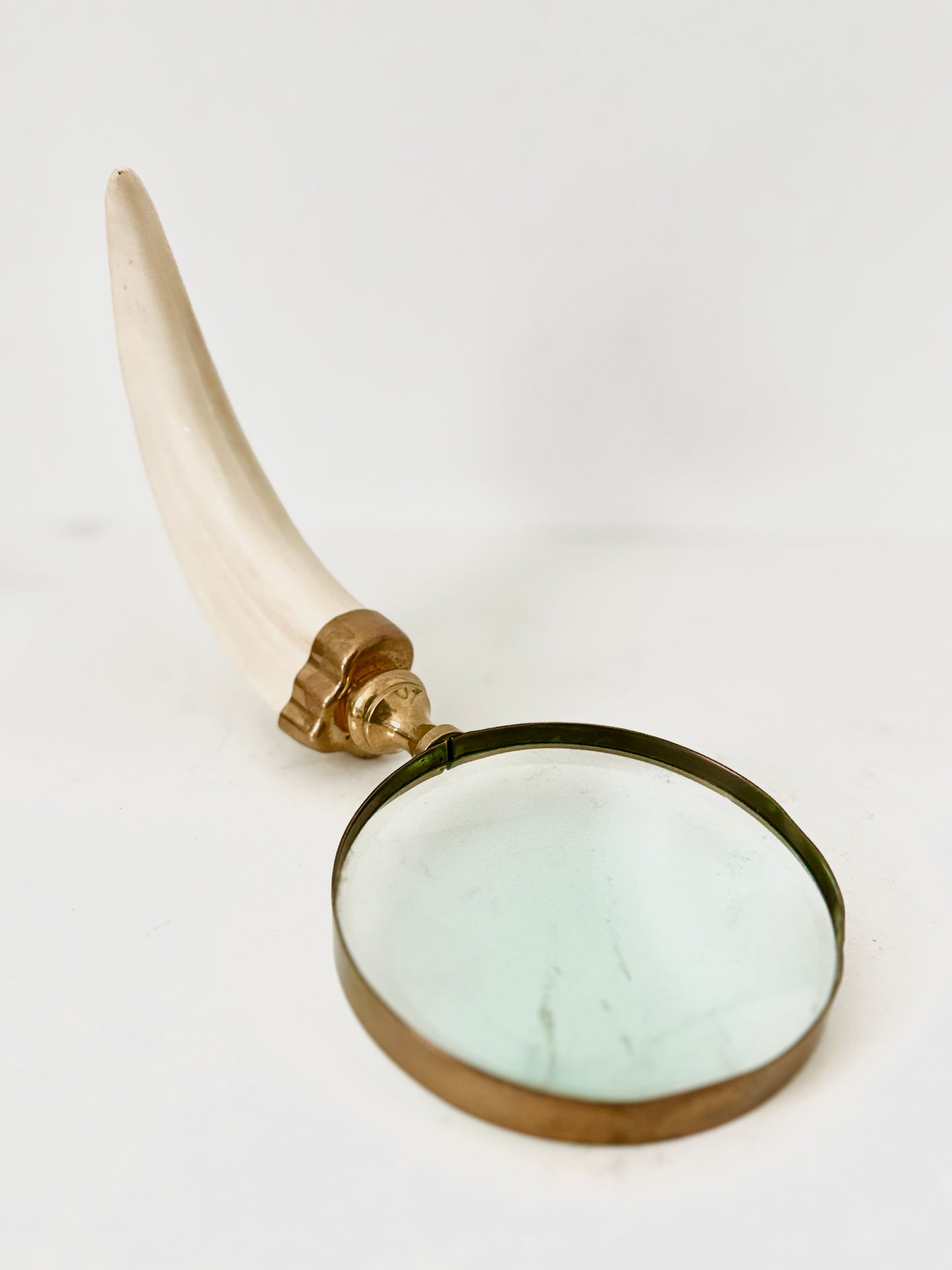 Vintage Brass Magnifying Glass with Boar’s Tusk Handle – Antique Style Handheld Loupe – Collectible Desk & Library Decor