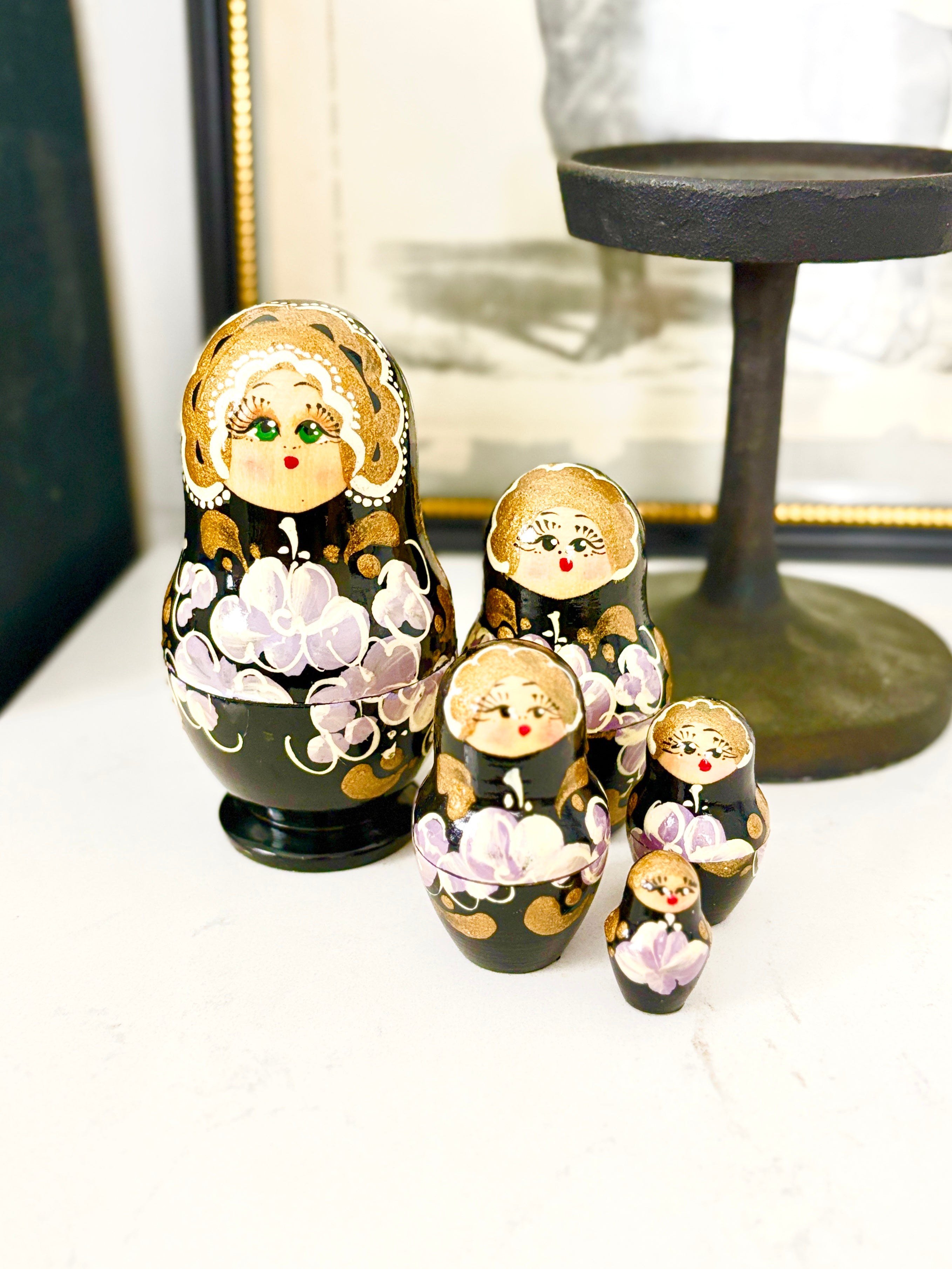 Hand-Painted Black & Gold Russian Matryoshka Nesting Dolls with