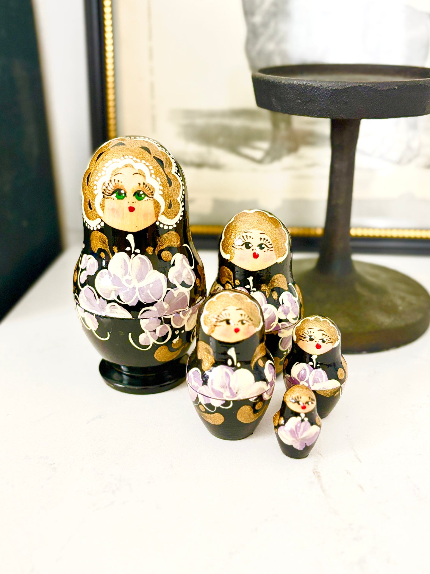 Hand-Painted Black & Gold Russian Matryoshka Nesting Dolls with Purple Floral Design – Traditional Folk Art Decor