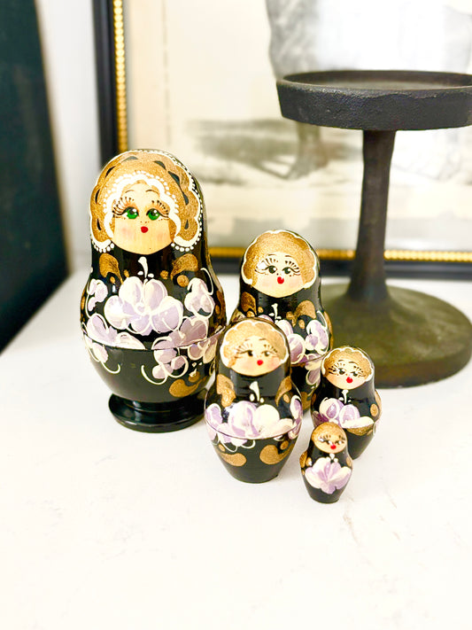 Hand-Painted Black & Gold Russian Matryoshka Nesting Dolls with Purple Floral Design – Traditional Folk Art Decor