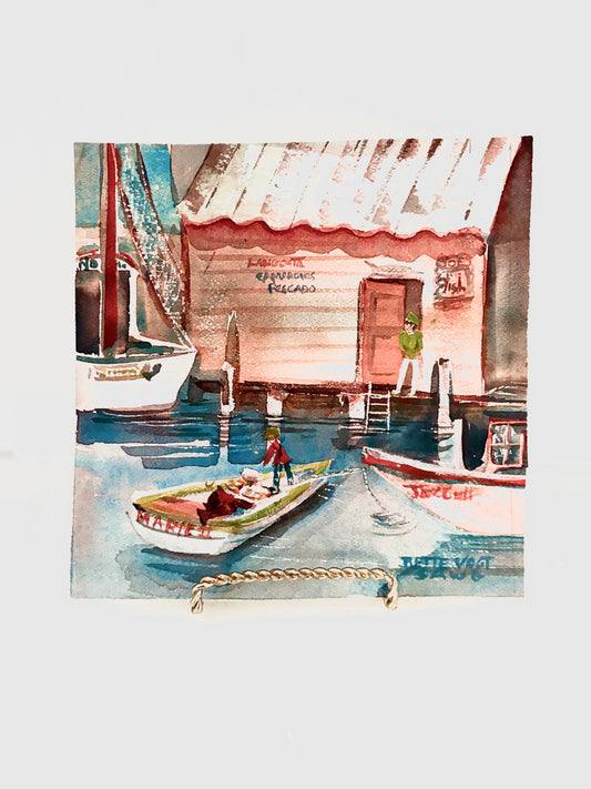 Vintage Coastal Harbor Watercolor Painting – Signed Nautical Boats Seascape Art, Soft Blue & Peach Tones, Original Artwork