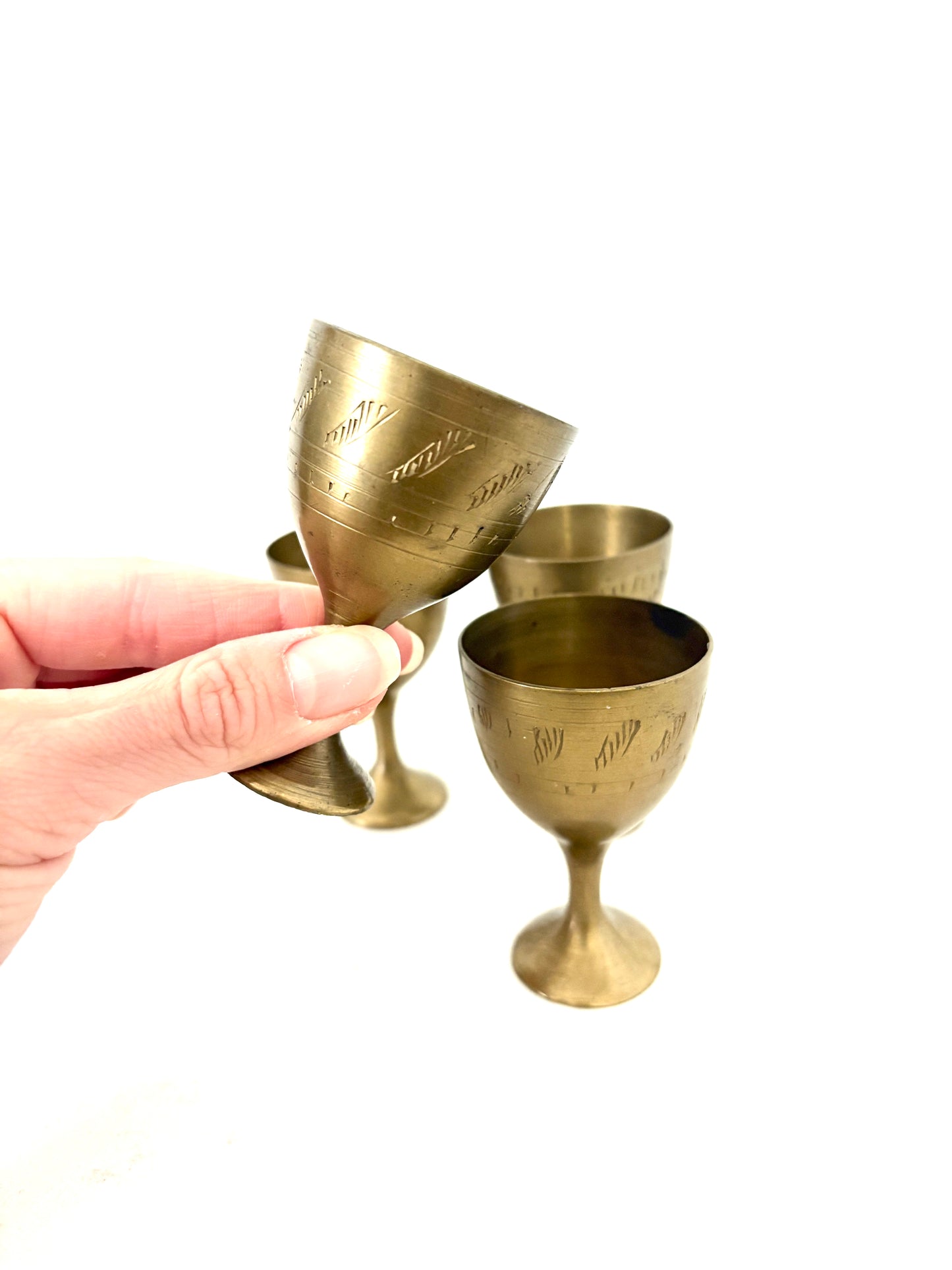 Set of 4 Etched Brass Shot Cups – Vintage-Inspired Barware