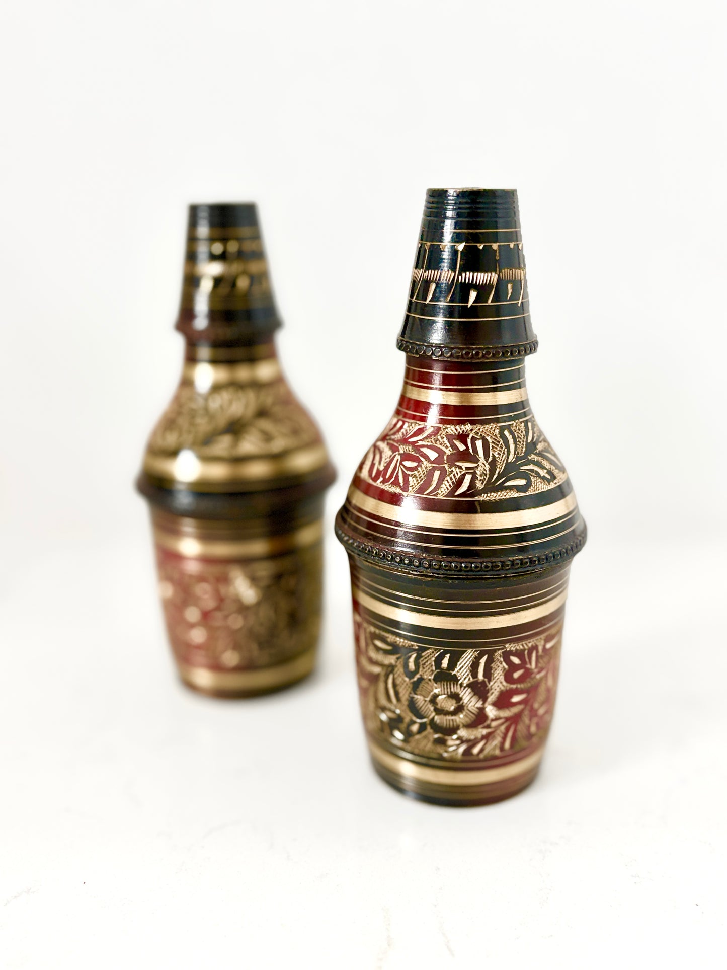 Handcrafted Brass Wine Bottle Cover (Pair) – Black Enamel with Gold Floral Engraving – Vintage Indian Decorative Bottle Sleeve
