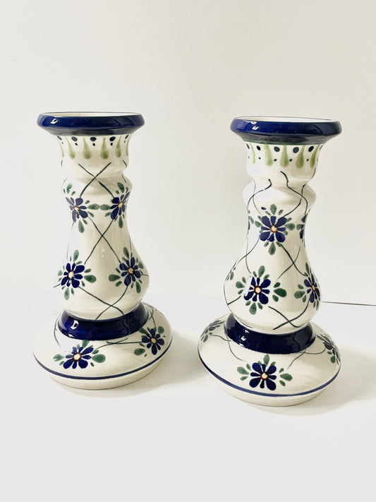 Pair of Unique Vintage Polish Boleslawiec Candlesticks