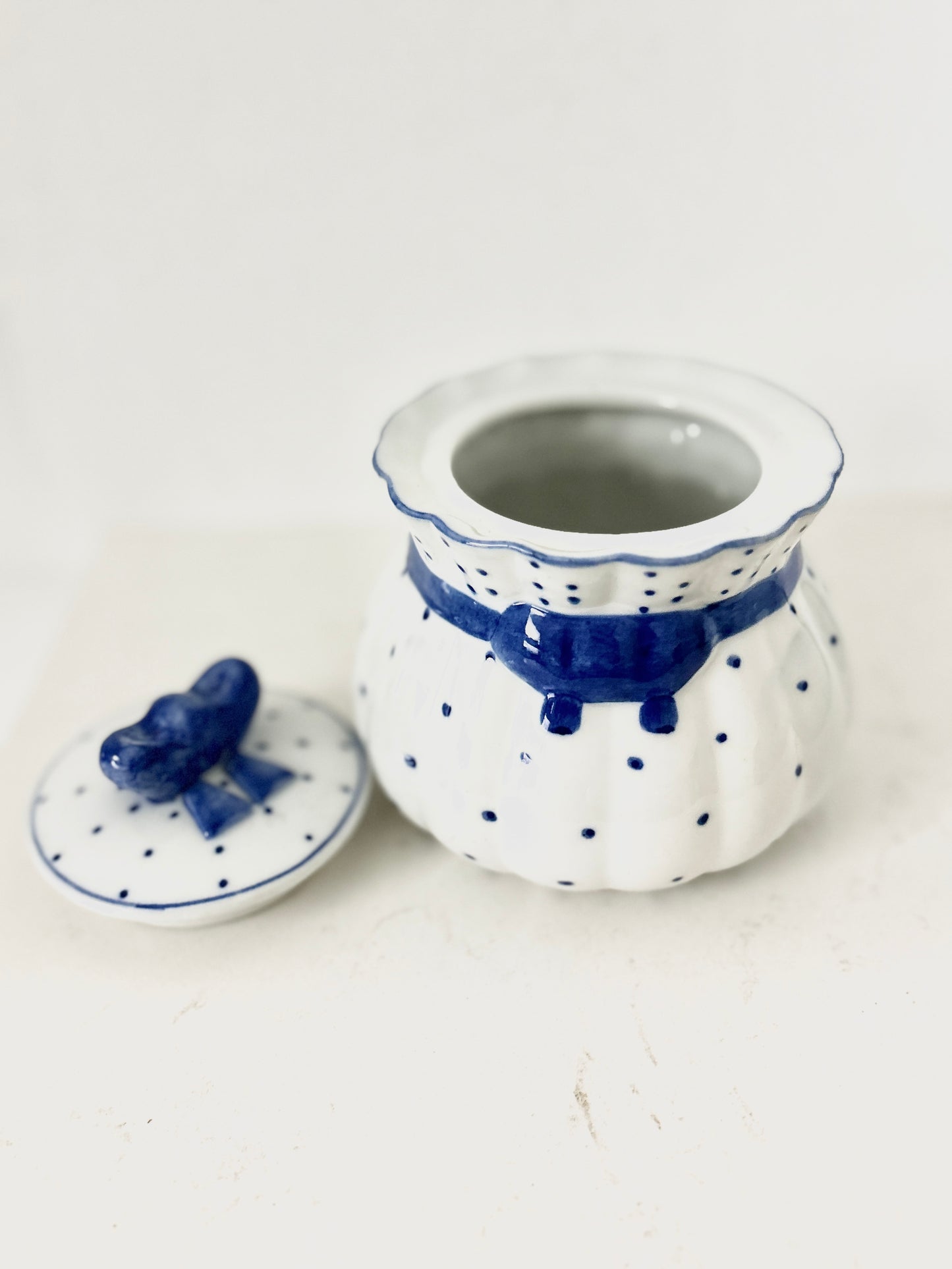 Vintage Blue and White Polka Dot Sugar Bowl with Lid | Ceramic Sugar Dish with Bow | Cottagecore Kitchen Decor