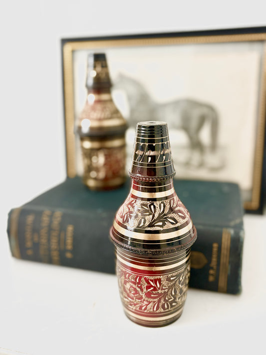 Handcrafted Brass Wine Bottle Cover (Pair) – Black Enamel with Gold Floral Engraving – Vintage Indian Decorative Bottle Sleeve