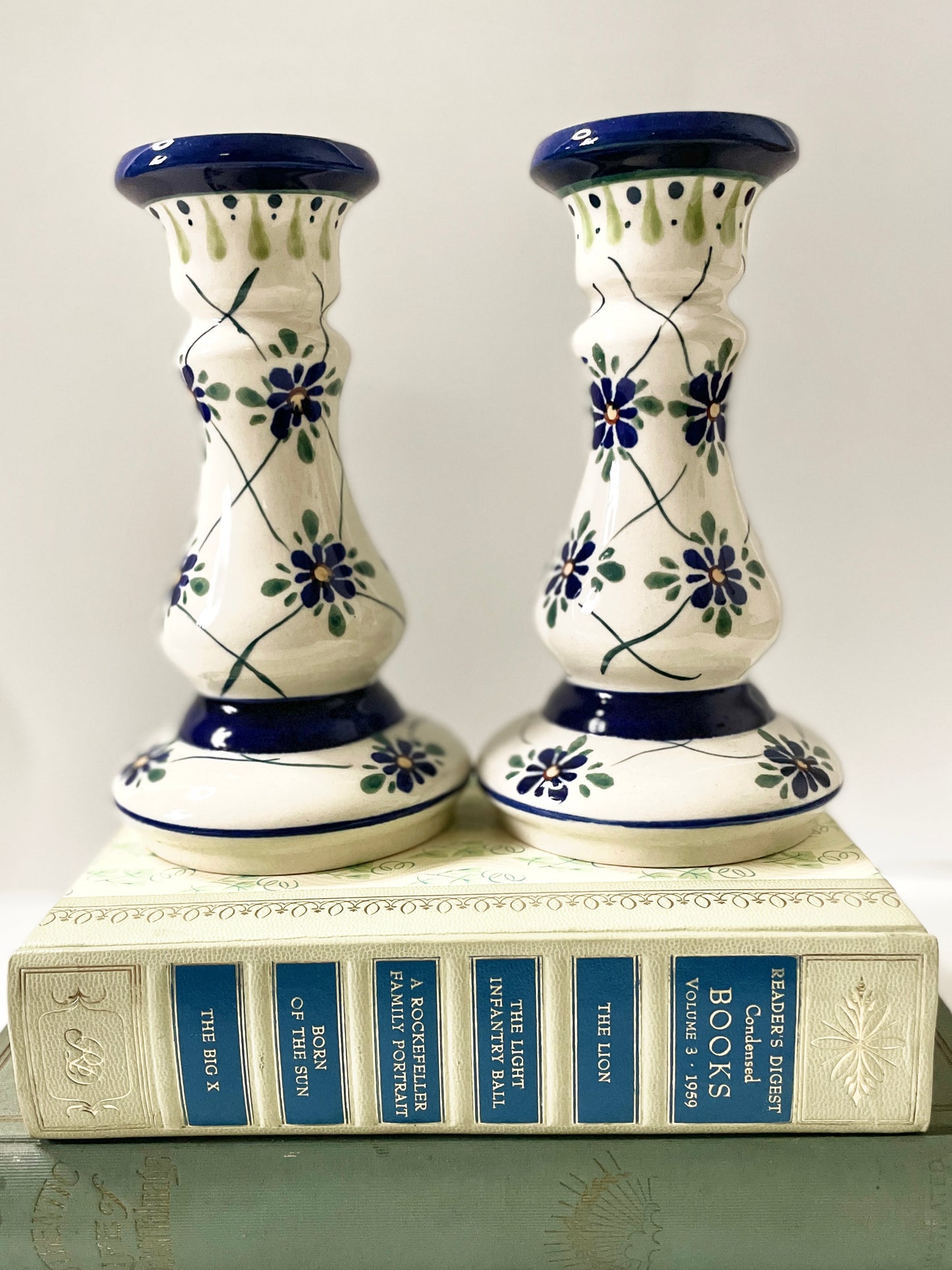 Pair of Unique Vintage Polish Boleslawiec Candlesticks