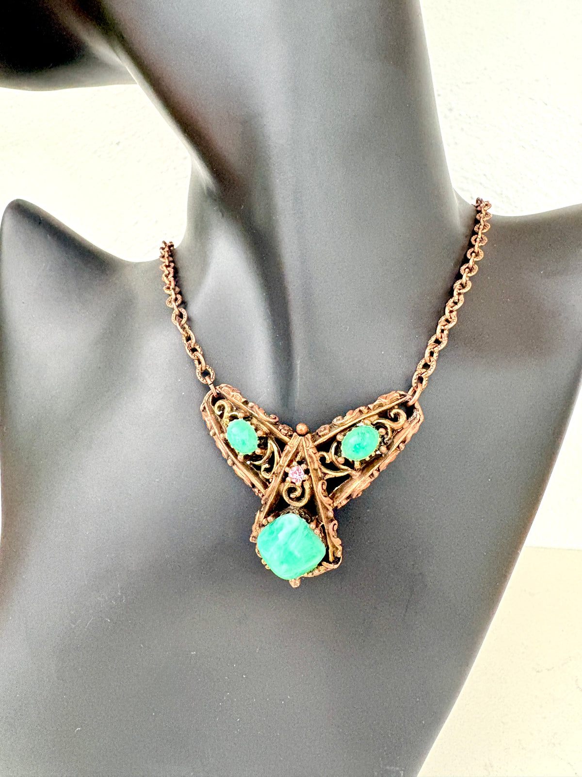 Vintage Art Nouveau Copper Pecking Glass with Pink Gem Stone