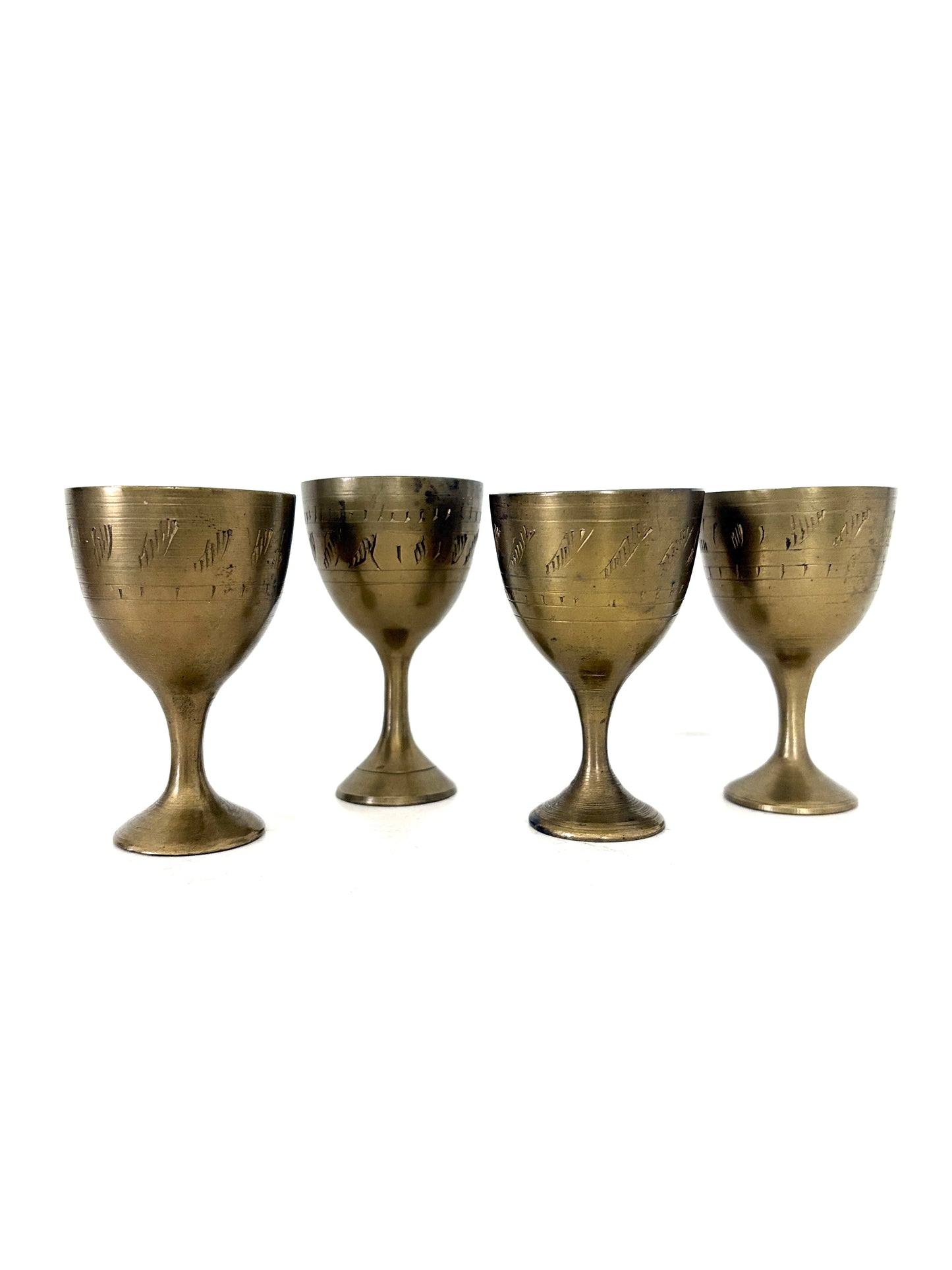 Set of 4 Etched Brass Shot Cups – Vintage-Inspired Barware