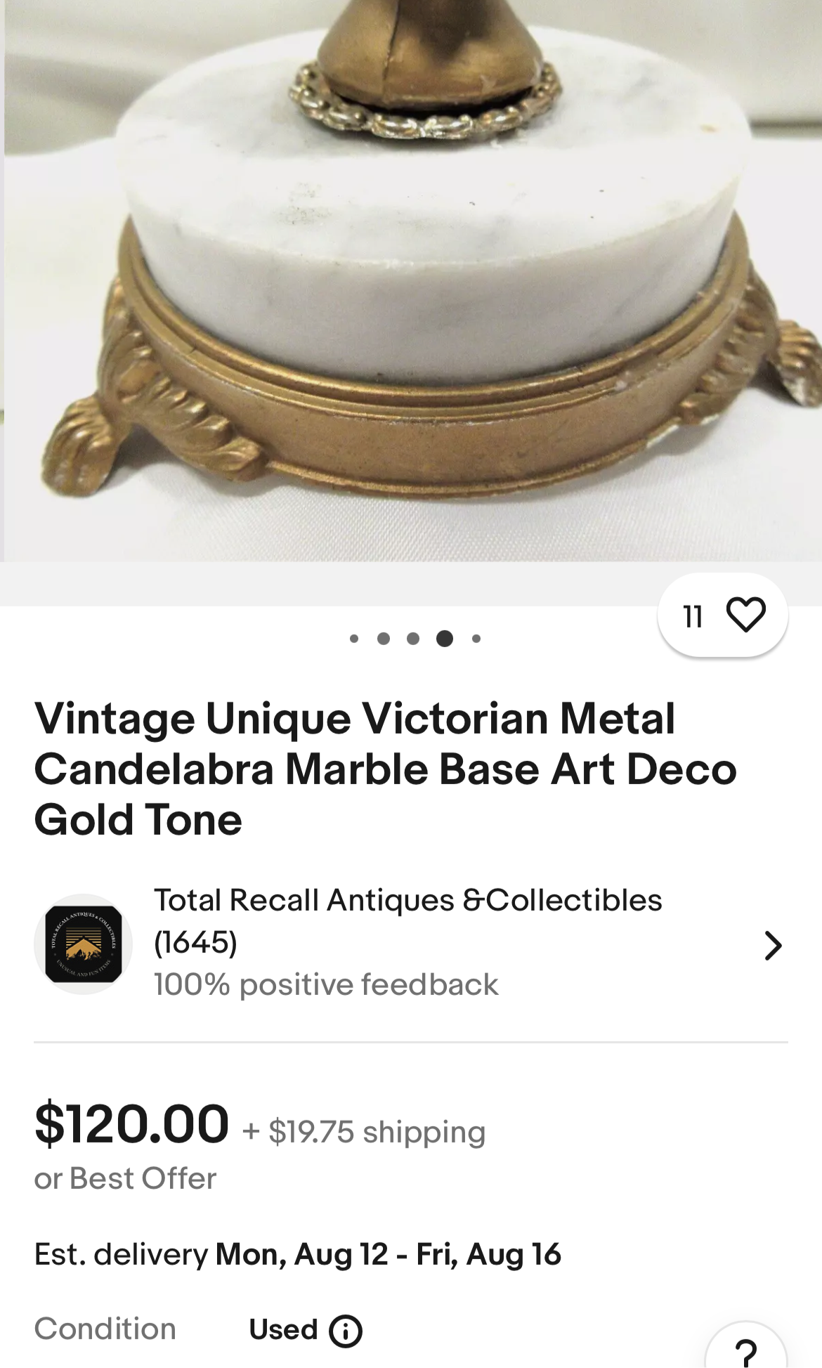 Sold - Candelabra Marble Base Art Deco Gold/Brass Tone